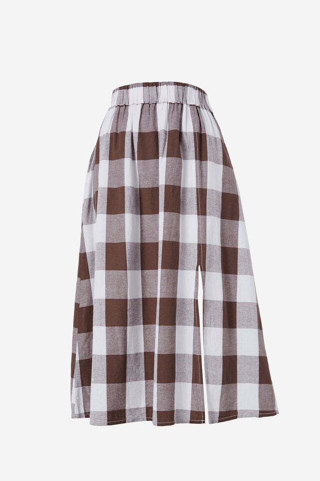Midi Skirt In Cotton Linen Blend, BITTER CHOC WHITE GINGHAM