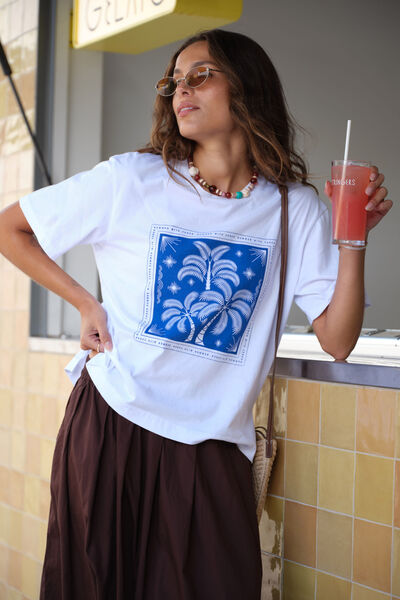 Stevie Slouchy Tee, WHITE/PALM SCARF PRINT