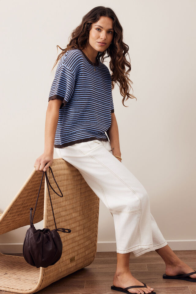 Nina Boxy Knit Tee, BRUNETTE SKY BLUE STRIPE