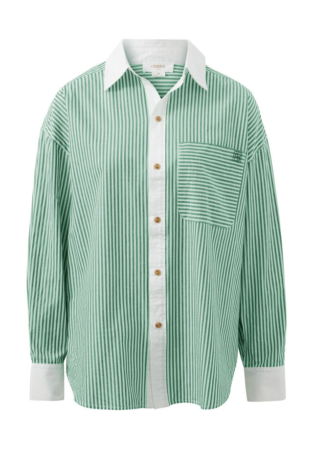 Peta Oversized Shirt, KELLY GREEN STRIPE WHITE COLLAR