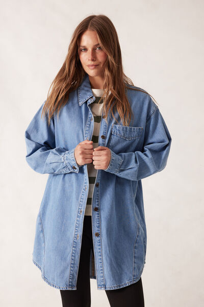 Maeve Longline Panelled Denim Shirt, MID VINTAGE BLUE