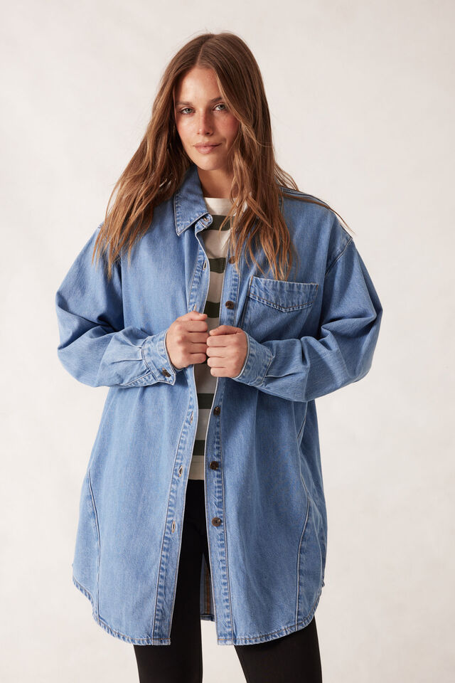 Maeve Longline Panelled Denim Shirt, MID VINTAGE BLUE