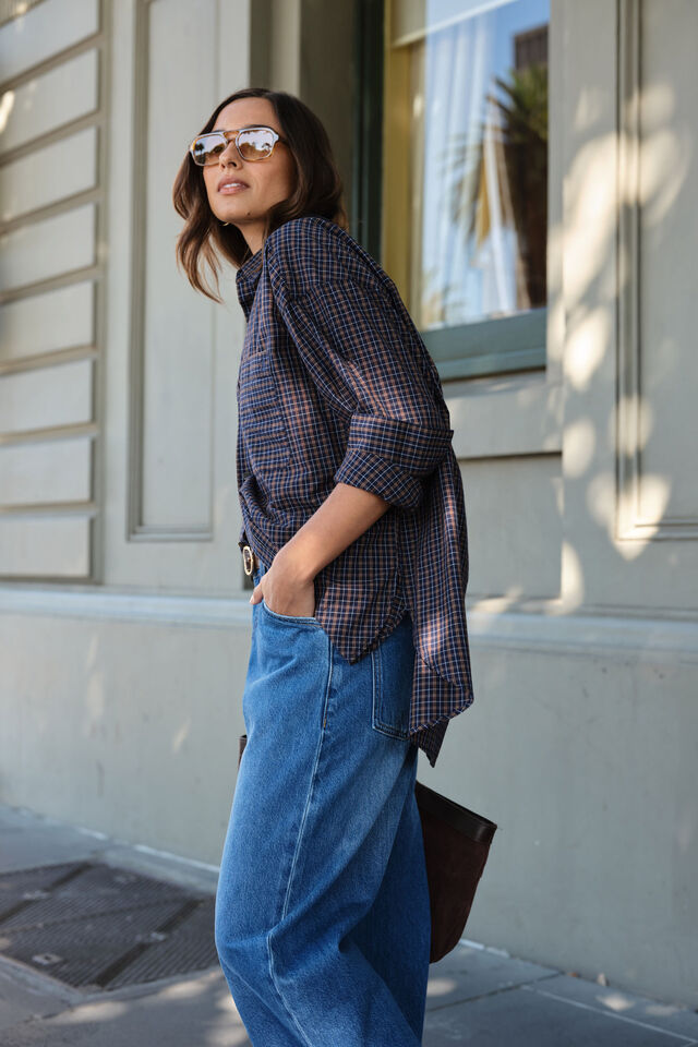 Peta Oversized Shirt, NAVY CHECK