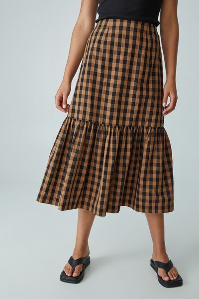 Check Midi Skirt With Tier In Organic Cotton, GINGER BLACK CHECK