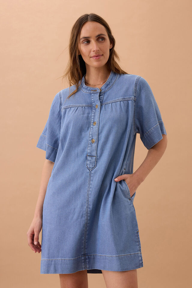 Half Placket Tunic Dress, BLUE HERRINGBONE