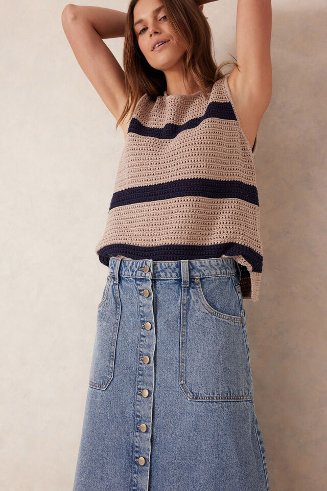 Button Through Denim Midi Skirt, MID VINTAGE BLUE