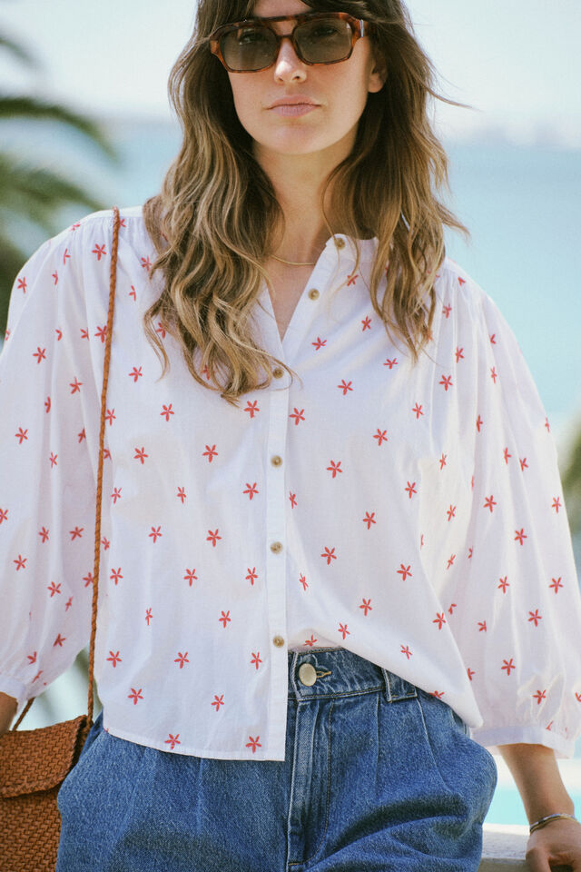 Woven Collarless Top, WHITE RED EMBROIDERED
