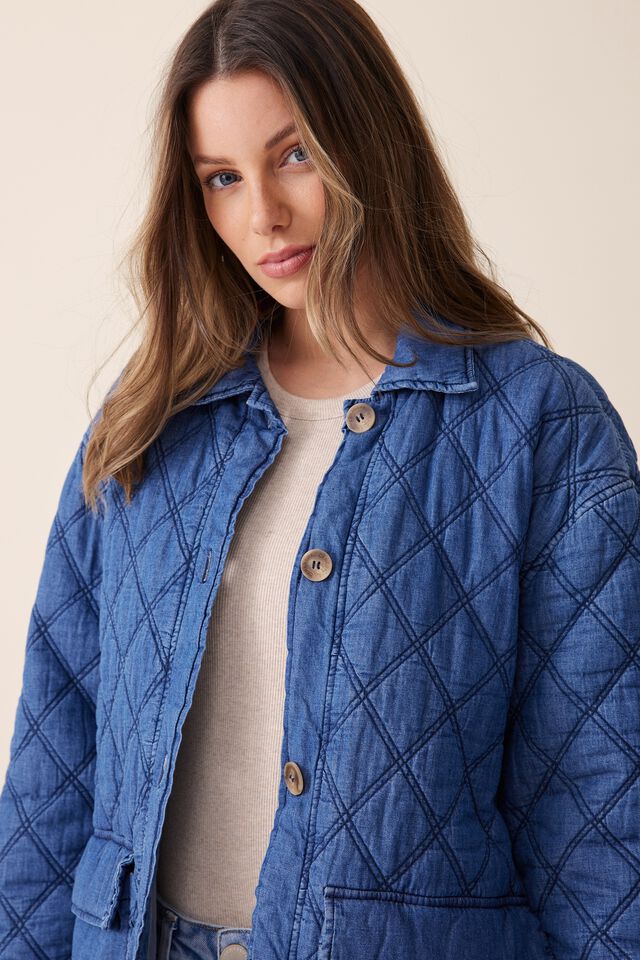 Chambray Quilted Shacket In Rescue Fabric, MID INDIGO