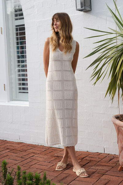 Square Knit Midi Tank Dress, ECRU
