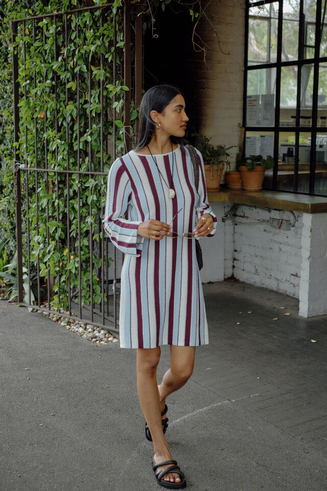 Chloe Stripe Knit Mini Dress, BLUE WINE STRIPE