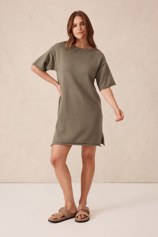 Short Sleeve Boxy Knit Dress, MOSS GREEN