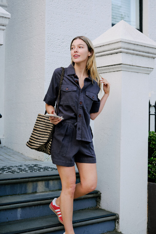 Short Sleeve Boxy Shirt, WASHED BLACK TWILL