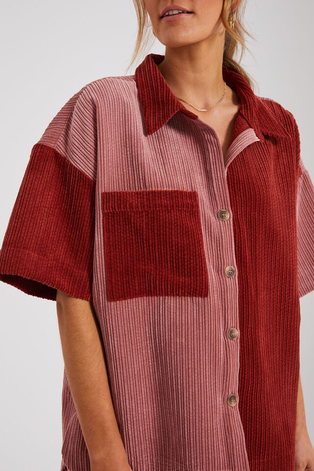 Colourblock Shirt In Rescued Cord, BERRY PINK