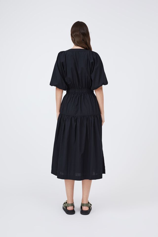 Belted Balloon Sleeve Dress In Organic Cotton, BLACK