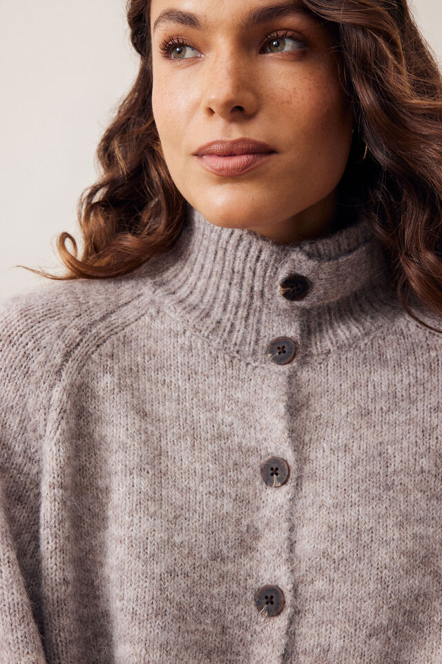 Riley Funnel Neck Tab Cardi, TAUPE MARLE