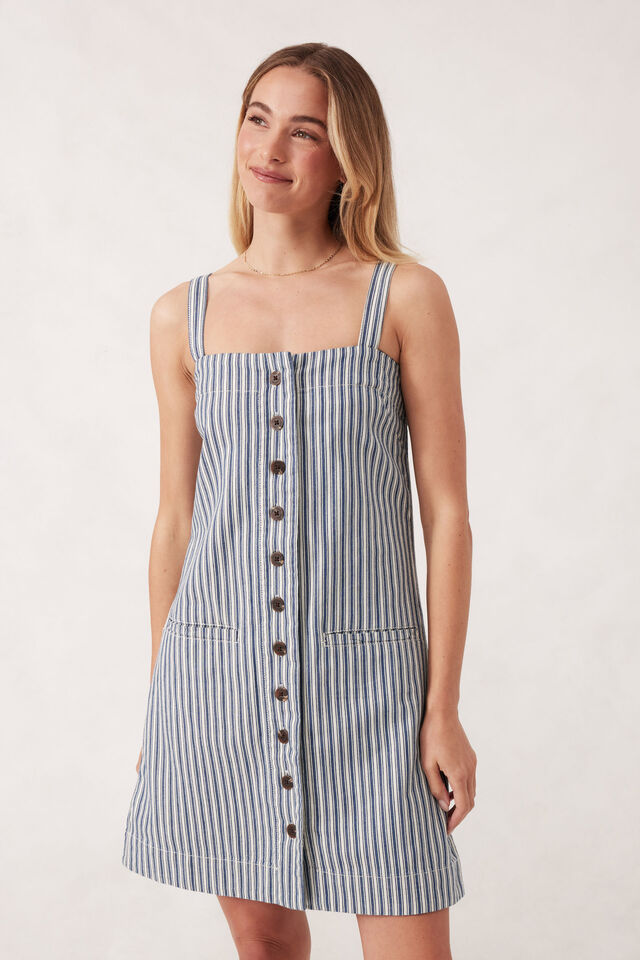 Strappy Button Mini Shift Dress, LAGOON BLUE STRIPE