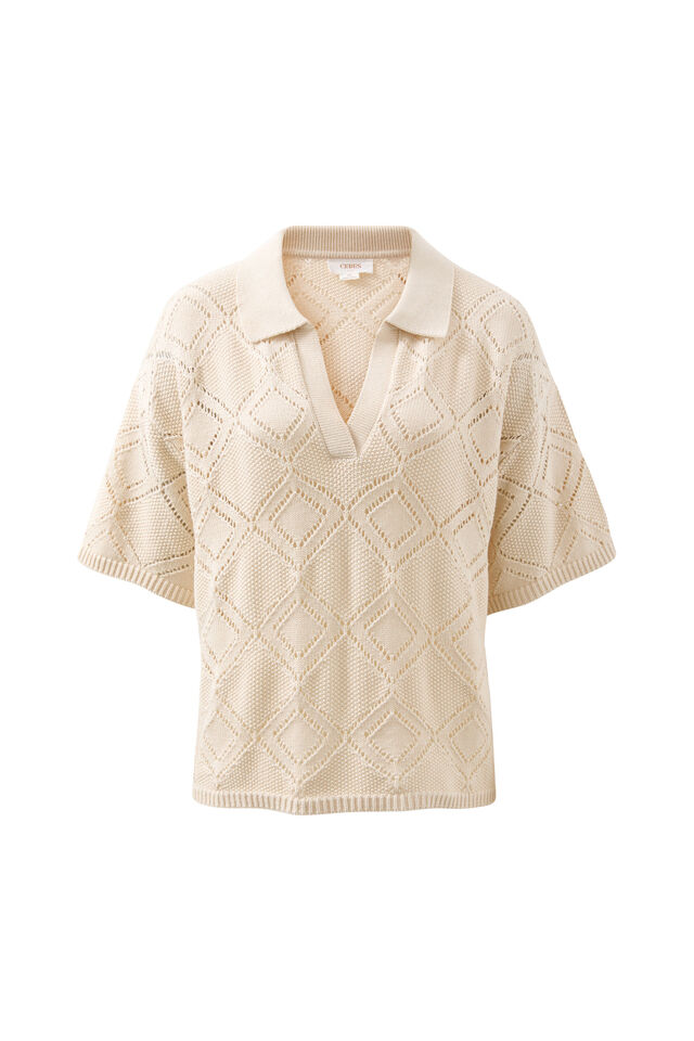 Demi Diamond Knit Collared Tee, ECRU