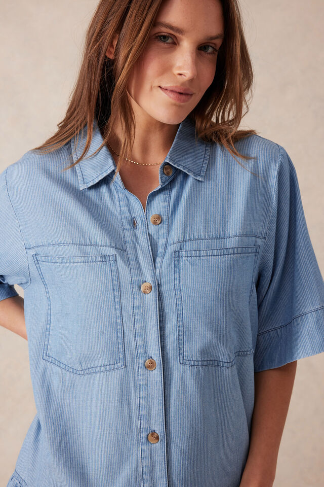 Short Sleeve Tiered Pocket Shirt Dress, VINTAGE BLUE PINSTRIPE