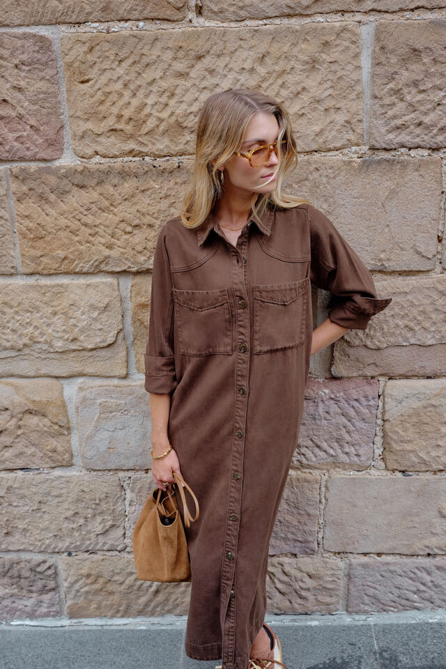 Rae Long Sleeve Midi Dress, CHOCOLATE