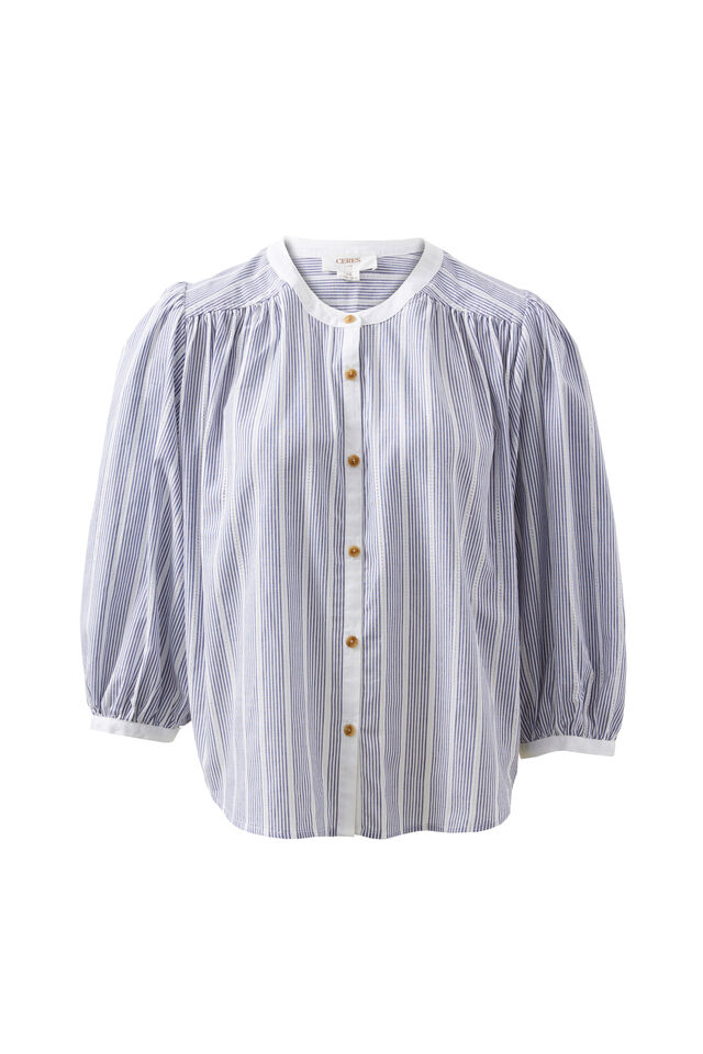 Woven Collarless Top, COLLEGE BLUE LADDER STRIPE