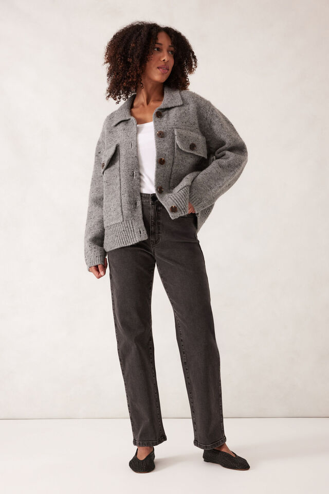 Knit Bomber Cardi, MID GREY NEP