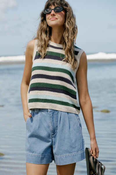 Billie Pleat Front Short, MID BLUE WASH