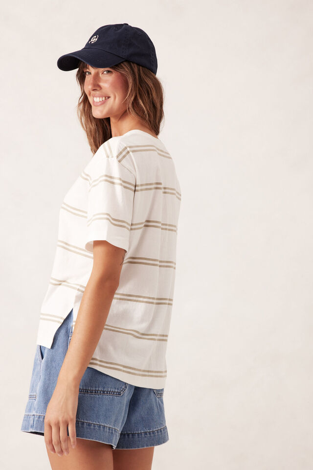 Stevie Slouchy Split Hem Tee, VANILLA/MATCHA DOUBLE STRIPE