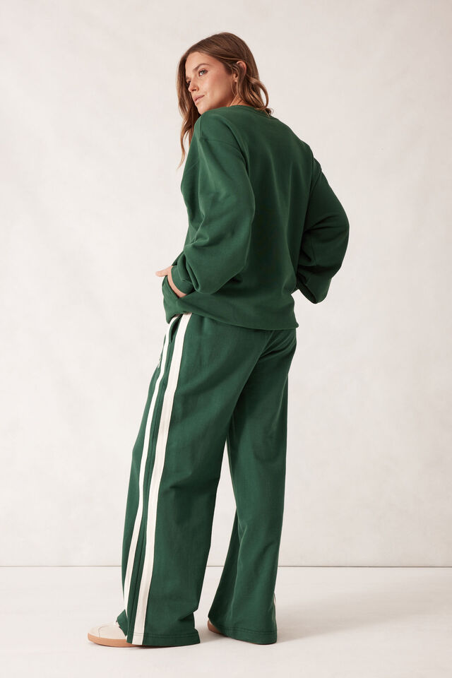 Gigi Wide Leg Terry Trackpant, PINE GREEN SIDE STRIPE