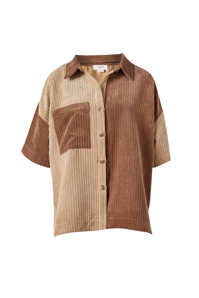 Colourblock Shirt In Rescued Cord, CAMEL COFFEE