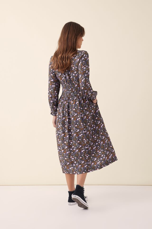 V Neck Waist Detail Dress In Lenzing™ Viscose, ORCHID FLORAL