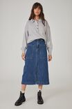 Square Pocket Denim Midi Skirt, INDIGO BLUE