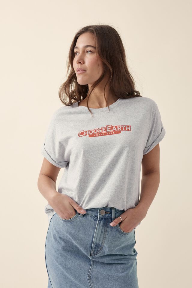 Roll Cuff Tee In Australian Cotton, CLOUD MARLE/WASHED RED CHOOSE EARTH