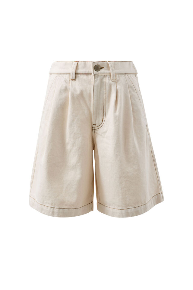 Sylvie Longline Pleat Denim Short, NATURAL ECRU