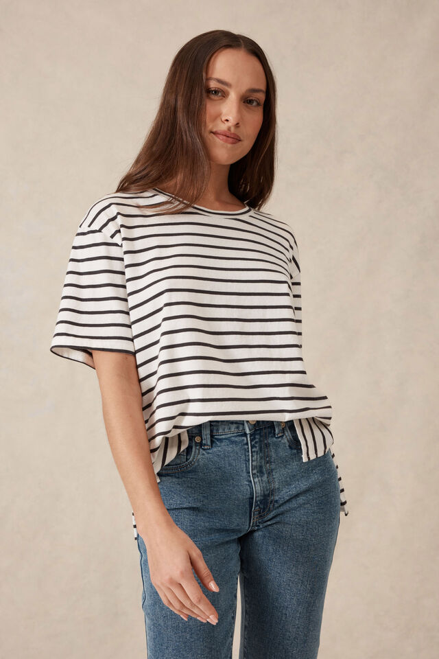 Slouchy Split Hem Tee, VANILLA /PHANTOM FINE STRIPE