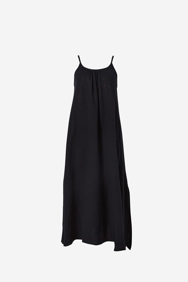 Doublecloth Strappy Midi Dress In Organic Cotton, BLACK