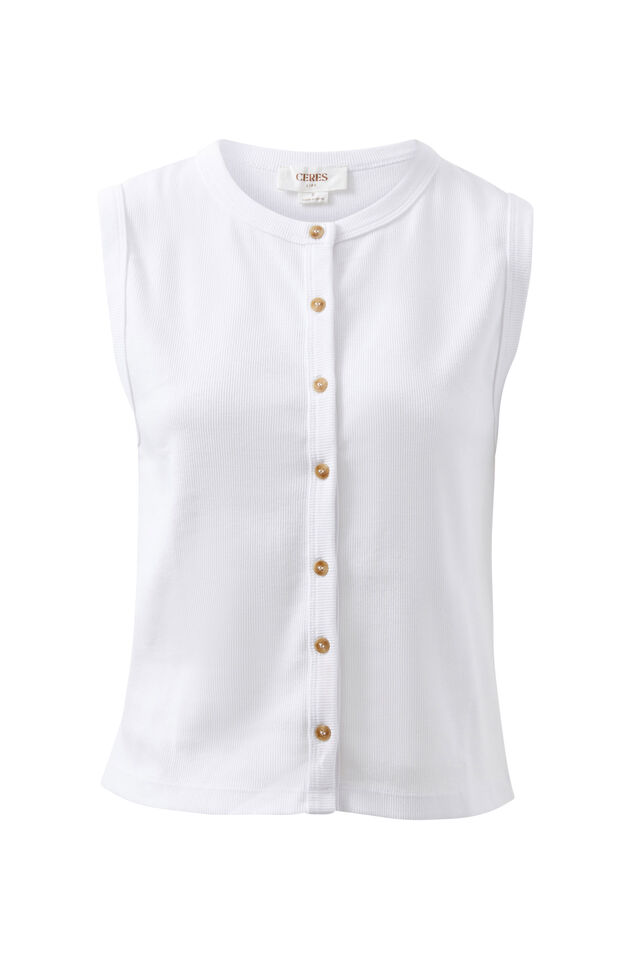 Lyla Button Through Rib Tank, WHITE