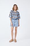 Shirred Tie Tunic In Cotton Linen Blend, BLUE SKY TAUPE GINGHAM - alternate image 1