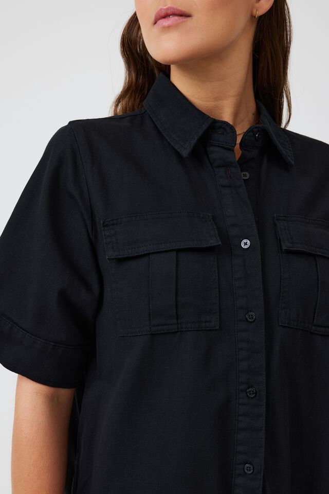 Twill Dress With Tier In Rescue Cotton, BLACK
