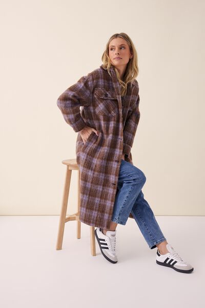 Longline Shacket In Wool Blend, ORCHID CHECK