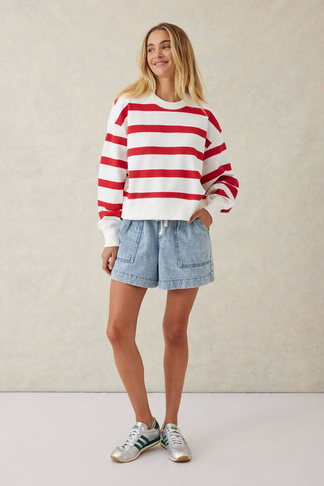 Cropped Slouchy Crew, WARM WHITE RED STRIPE