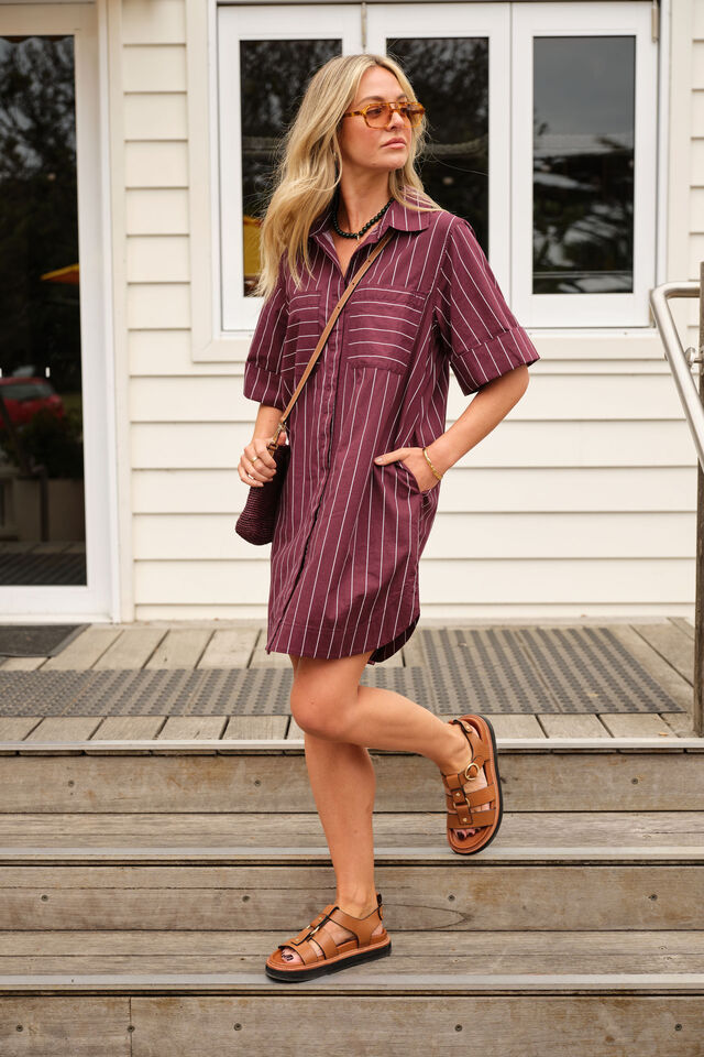 Sara Mini Shirt Dress, WINE PRINTED PINSTRIPE
