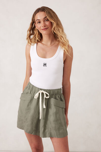 Panelled Pull On Short, KHAKI LINEN