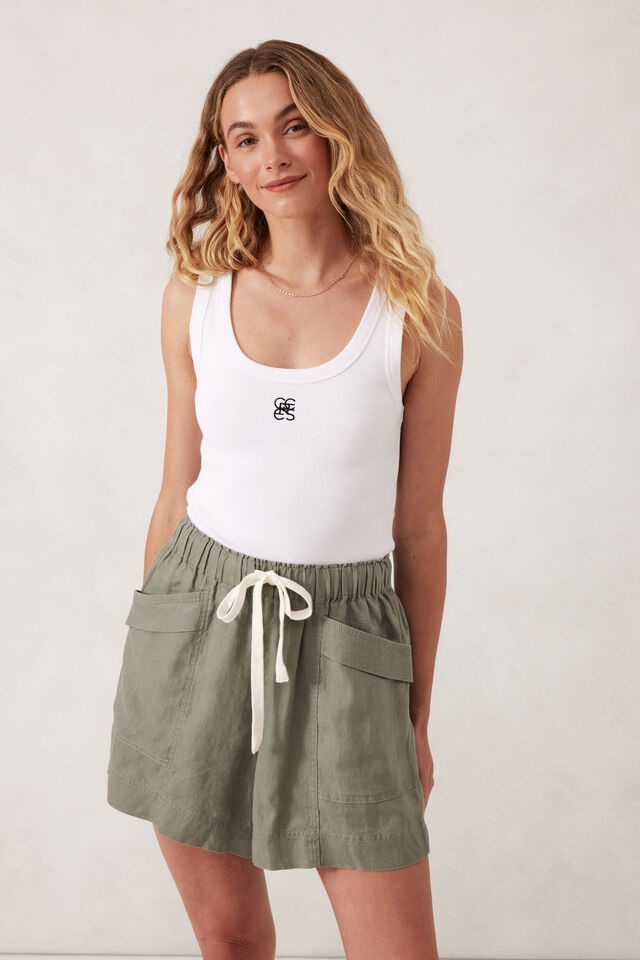 Panelled Pull On Short, KHAKI LINEN