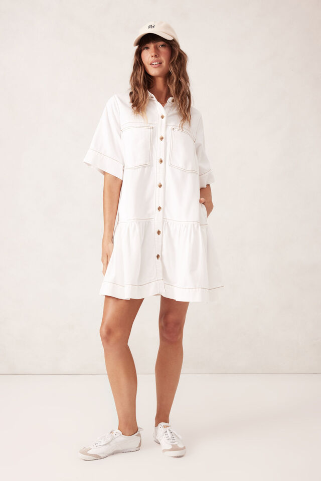 Short Sleeve Tiered Pocket Shirt Dress, FRESH ECRU