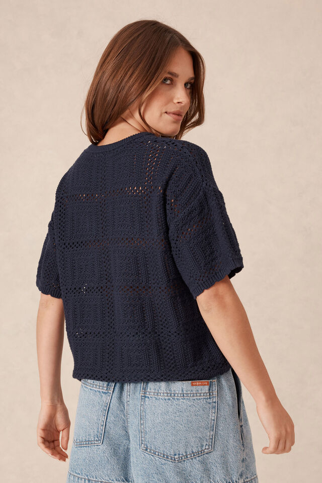 Square Knit Boxy Tee, NEW NAVY