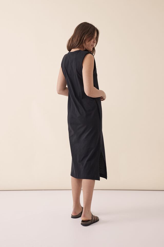 Shoulder Pad Midi Dress In Organic Cotton, BLACK