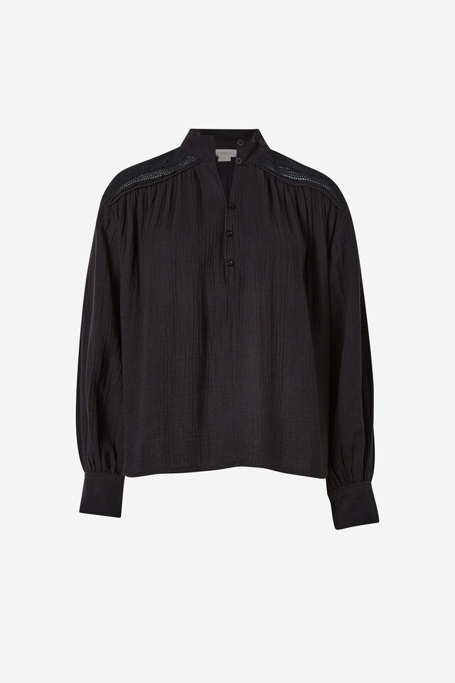Lace Detail Henley Shirt, BLACK