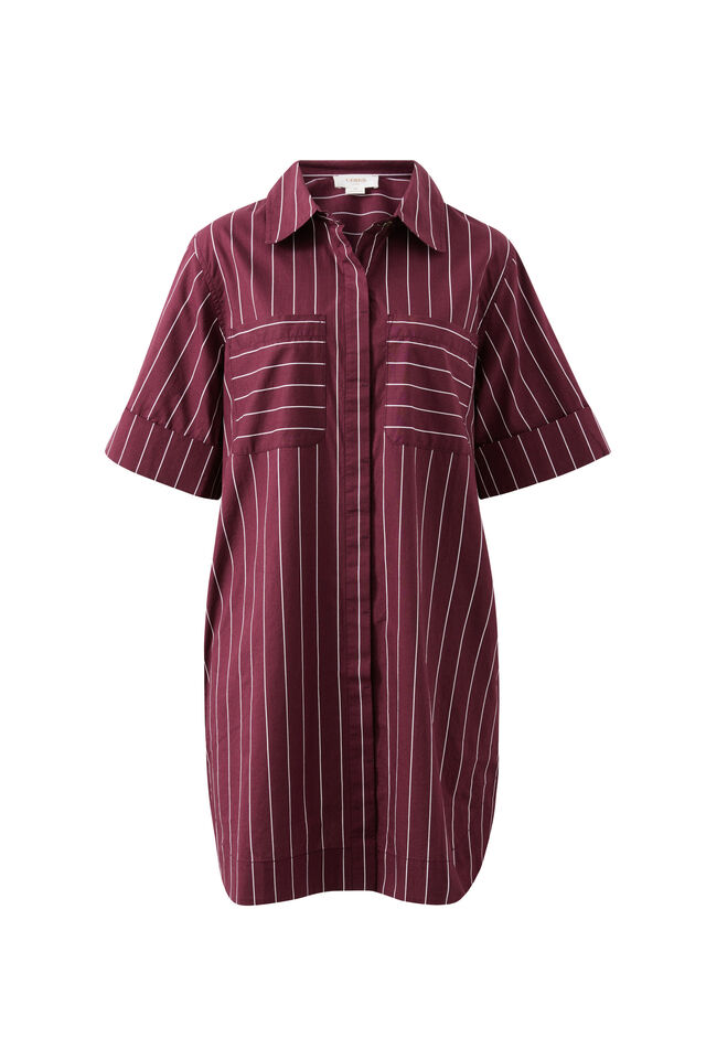Sara Mini Shirt Dress, WINE PRINTED PINSTRIPE