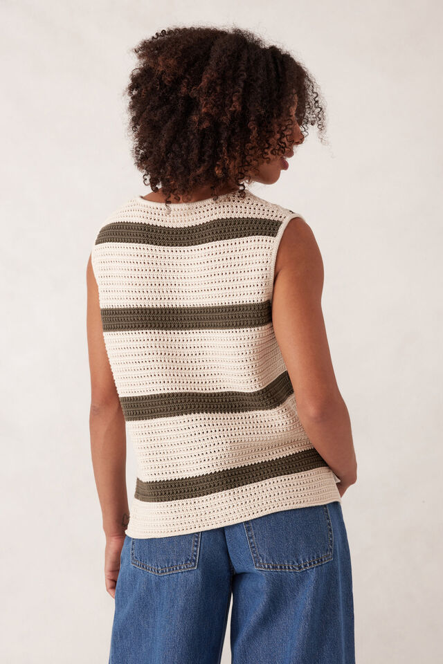 Margot Mesh Knit Tank, ECRU/SOFT OLIVE STRIPE