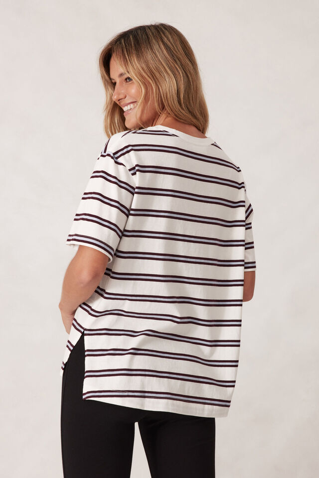 Stevie Slouchy Split Hem Tee, VANILLA/WINE RETRO STRIPE